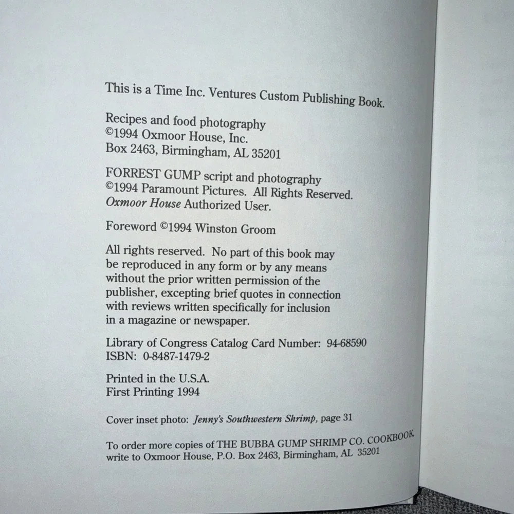 Bubba Gump Shrimp Co Cookbook 1994 Forrest Gump Recipes Hardcover